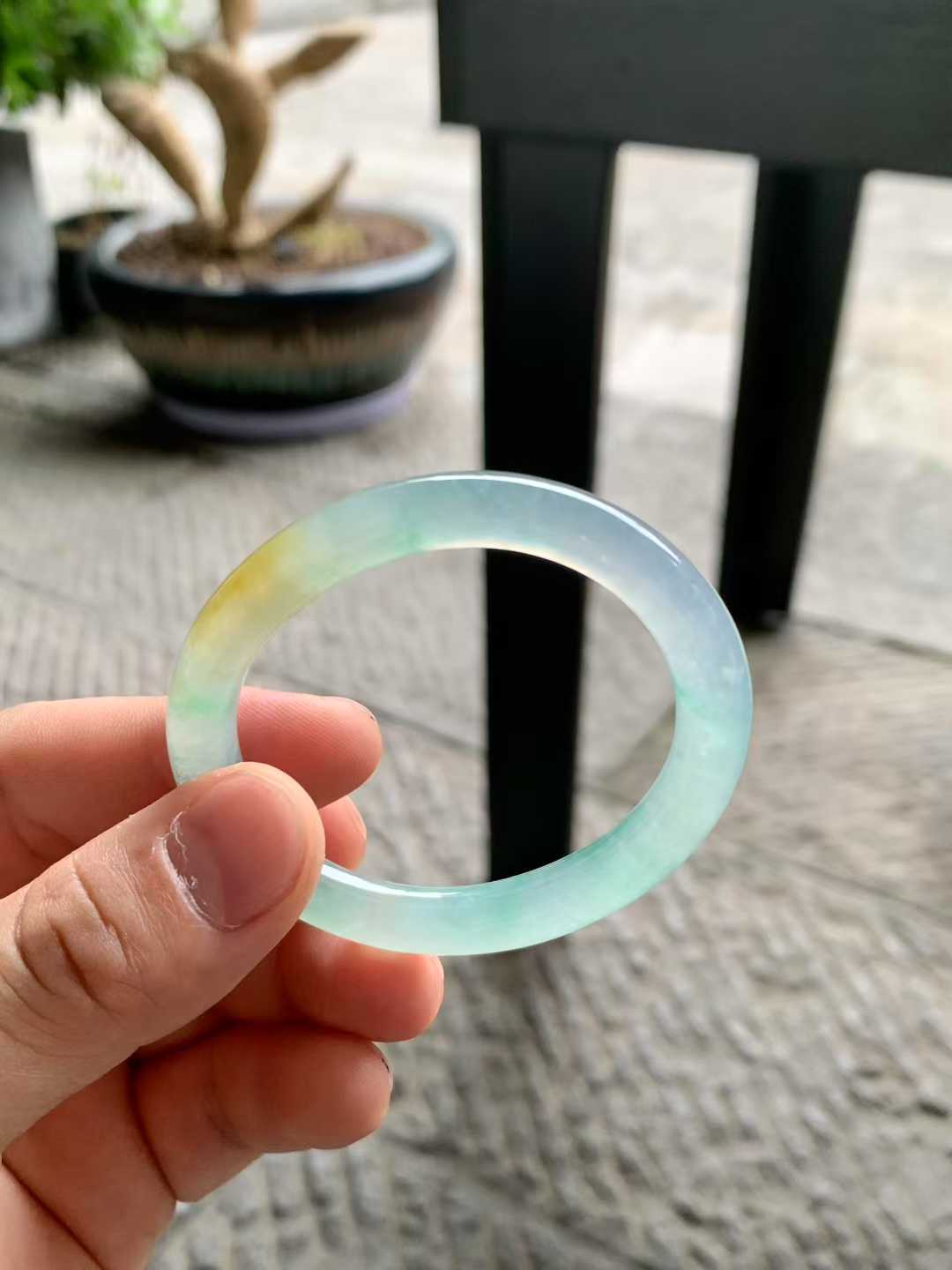 冰种黄加绿贵妃翡翠手镯~