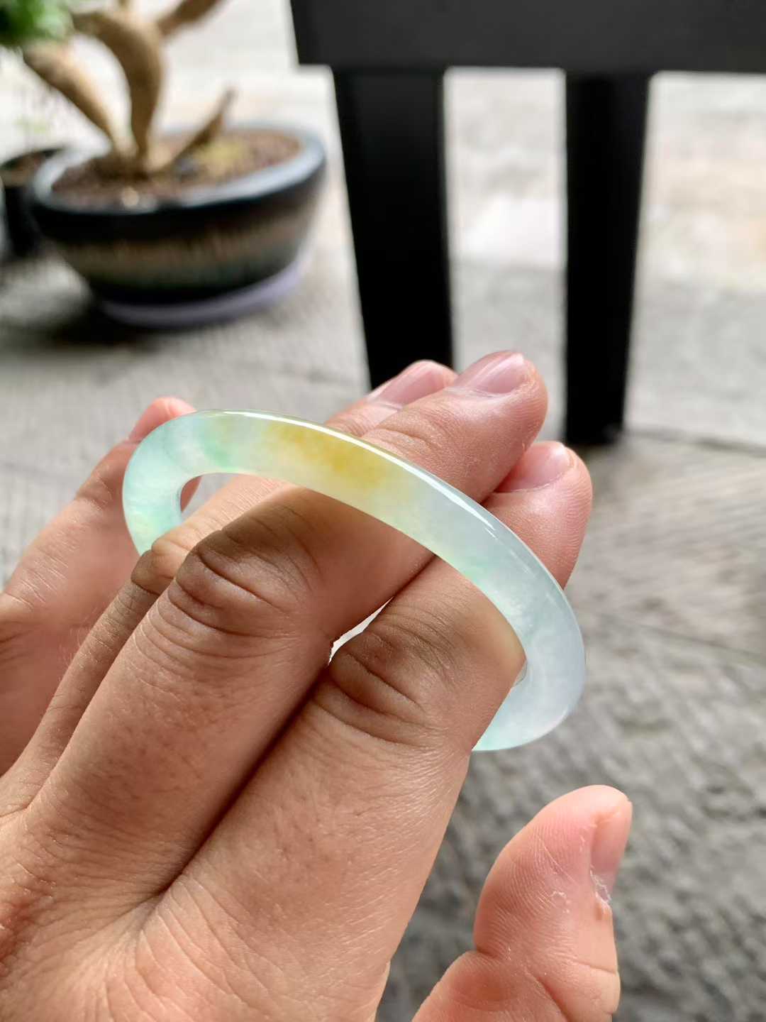 冰种黄加绿贵妃翡翠手镯~