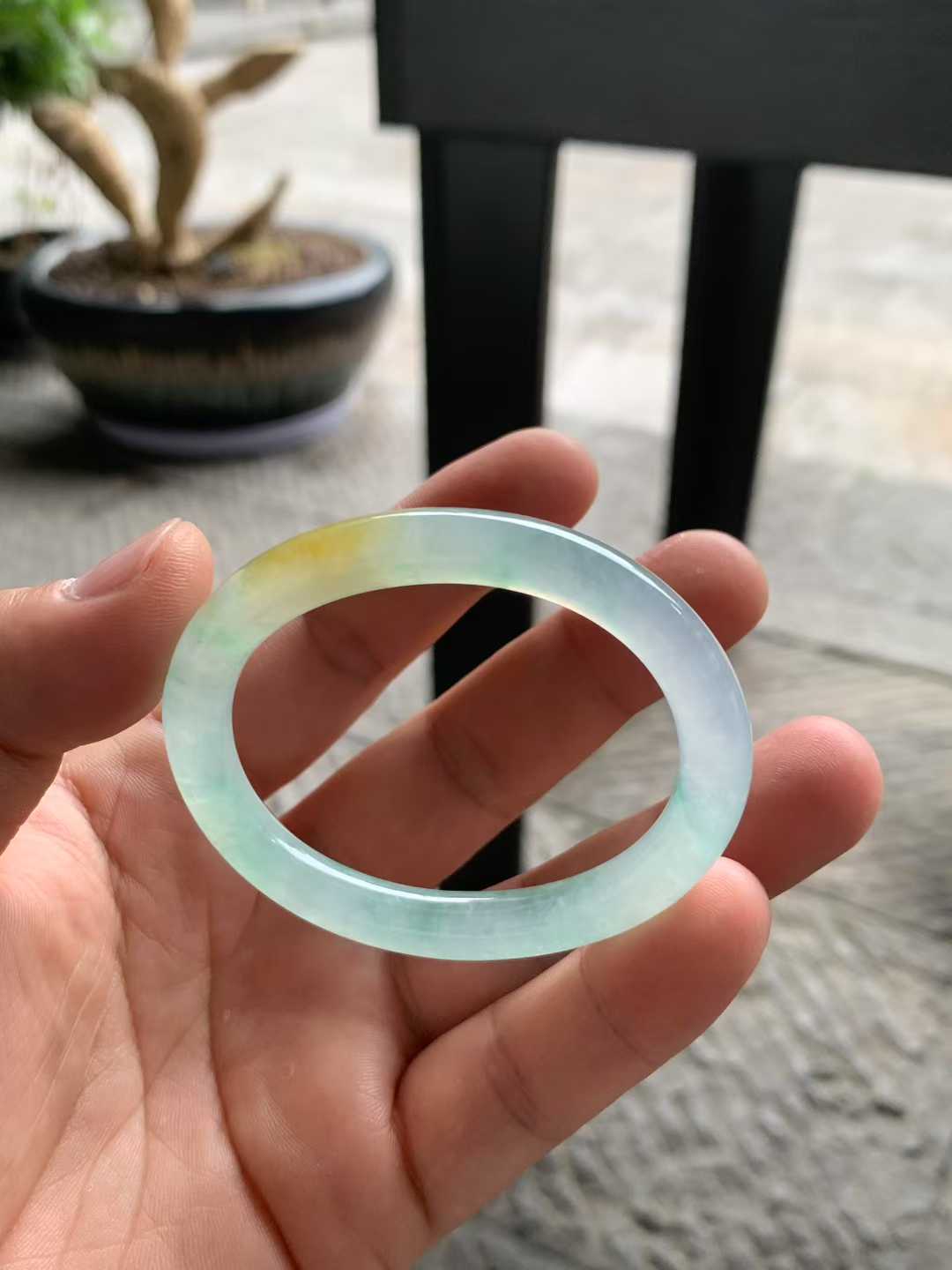 冰种黄加绿贵妃翡翠手镯～