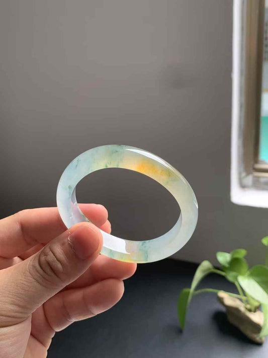 高冰底黄翡飘花贵妃翡翠手镯